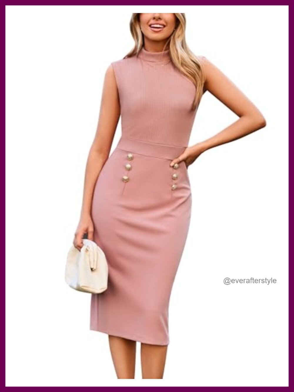 Women's Sleeveless Mock Neck Double Breasted Bodycon Midi Work Dress